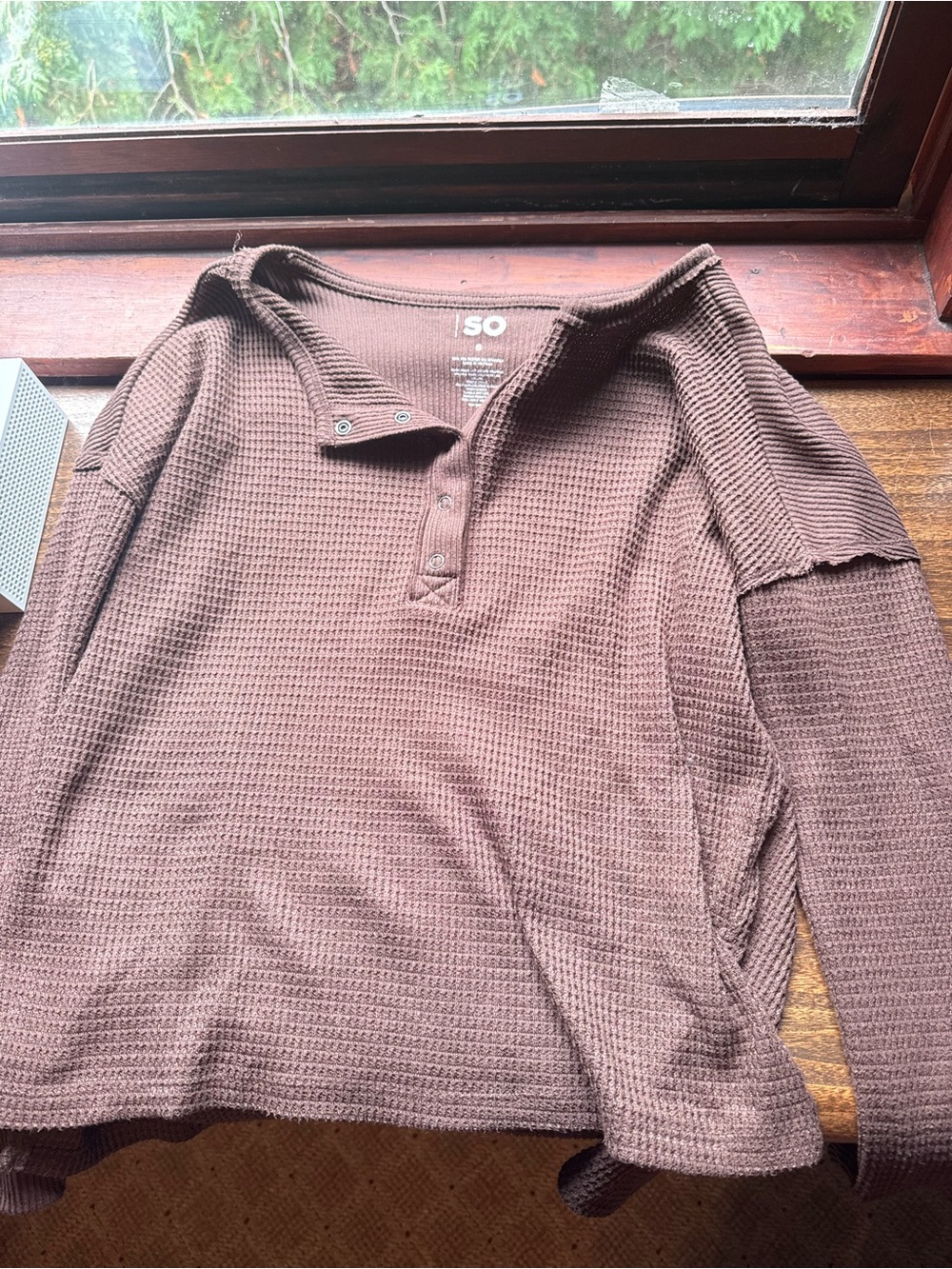 SO Women's Brown Waffle Long Sleeve Henley Top